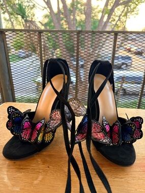 Windsor Black Lace-Up Heels with Multicolor Butterfly Accents